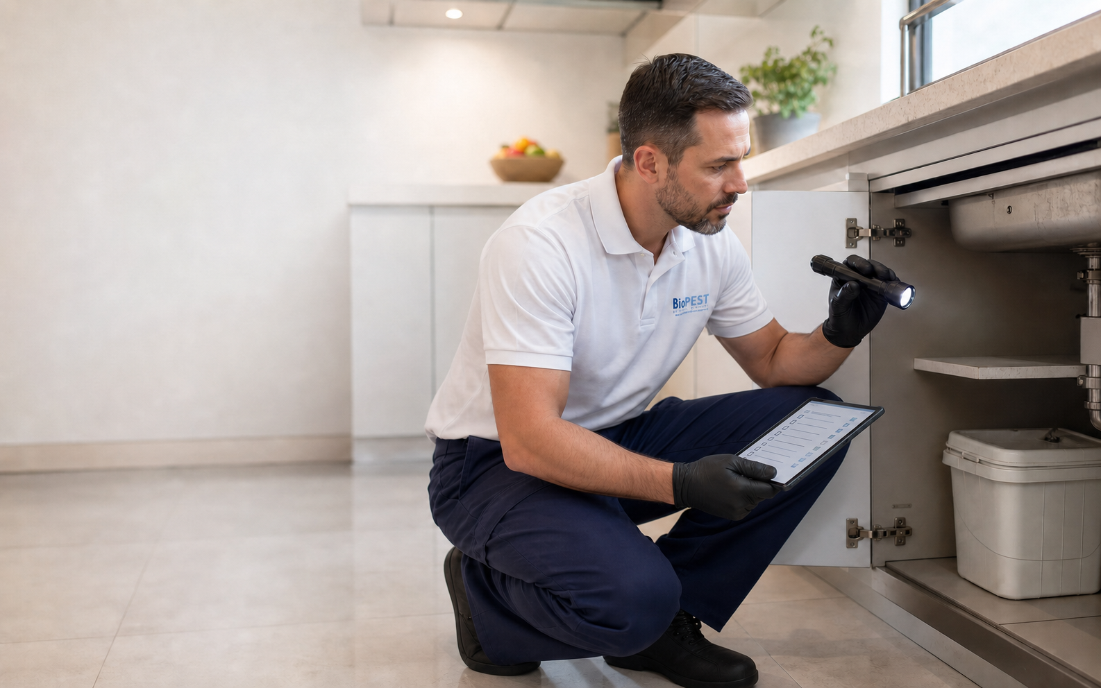 Técnico BioPest inspecionando uma cozinha e registrando o diagnóstico em um tablet