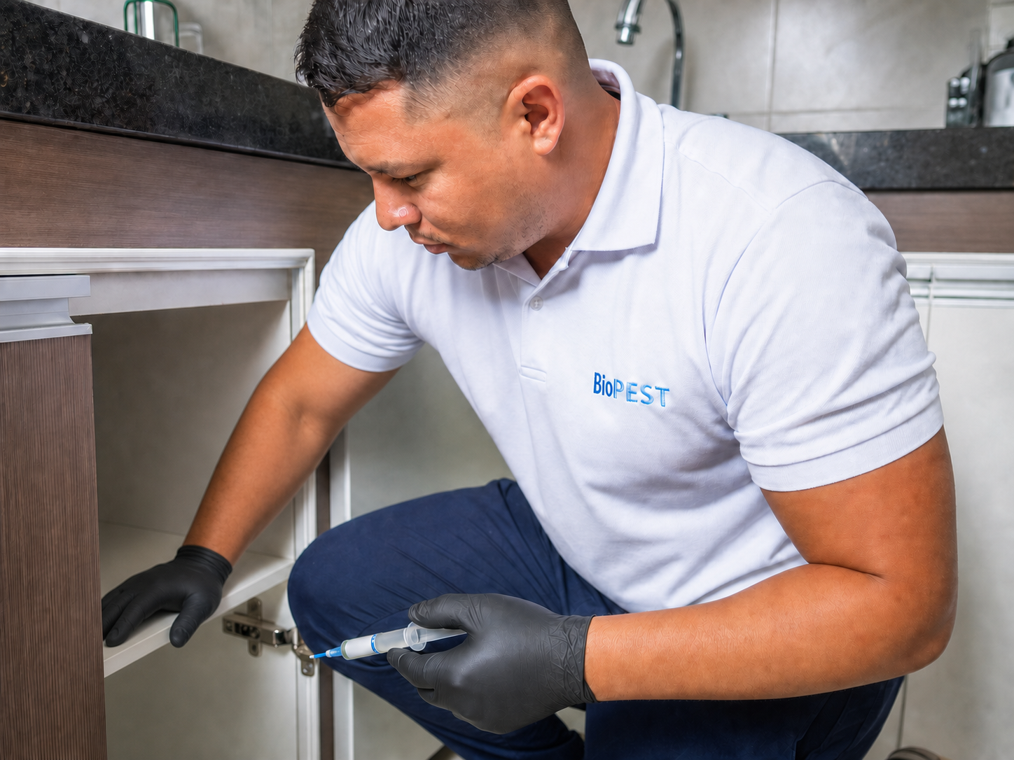 Técnico BioPest aplicando gel para controle de insetos