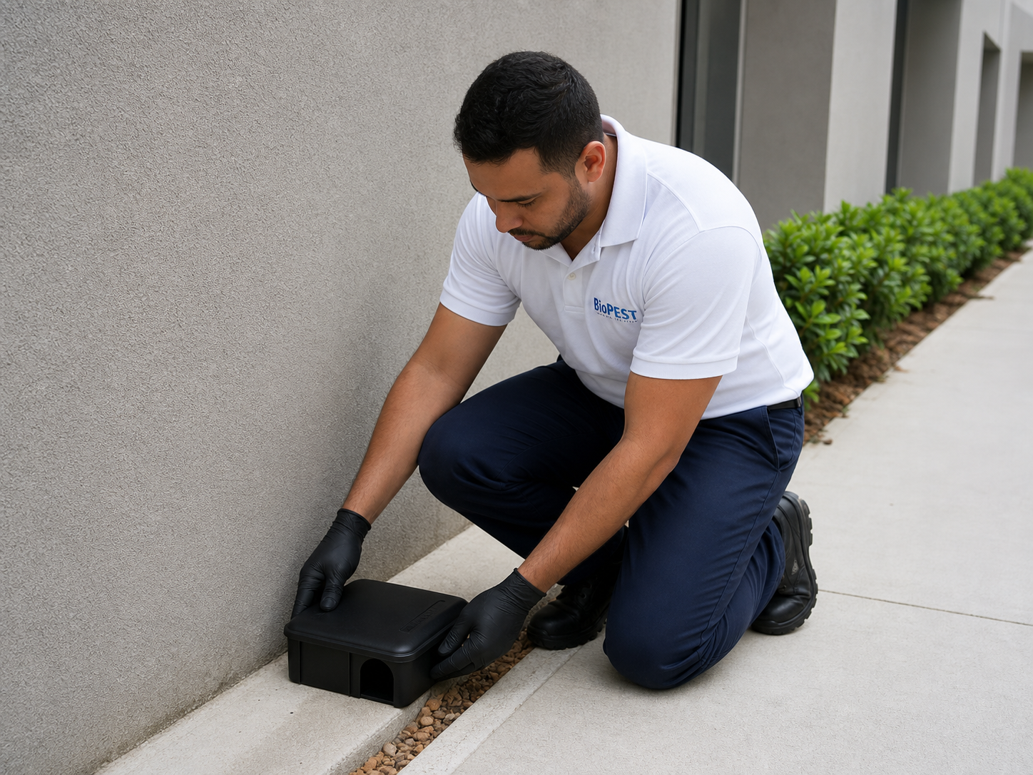 Técnico BioPest instalando porta-isca para controle de roedores