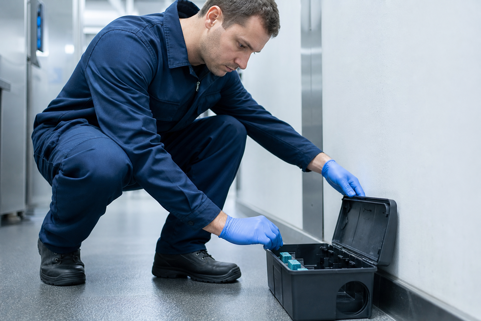 Técnico instalando porta-isca para controle de roedores